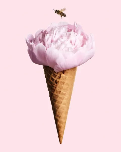 Photorealistic luxury beauty campaign still life, tight close-up of a waffle ice cream cup