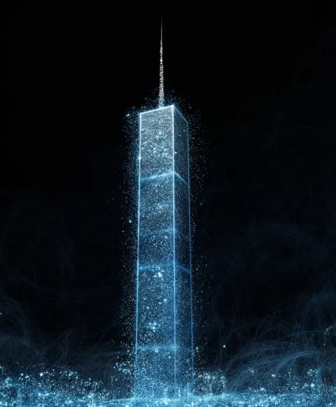 Skyscraper made of blue and white glowing particles on black background