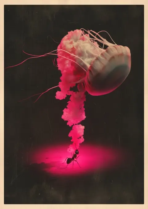 Vintage lithograph depicting a jellyfish with its mouth open and head facing upwards