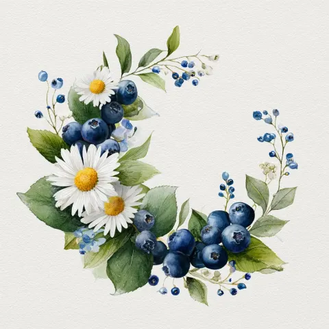 Watercolor illustration: a semi-circular wreath, blueberries, white daisies, green leaves