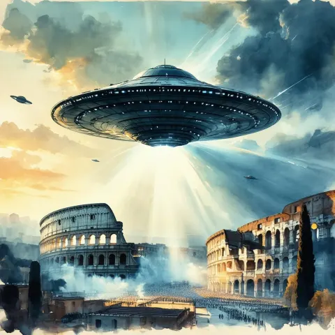 Ink Wash UFO Attacks the Roman Colosseum