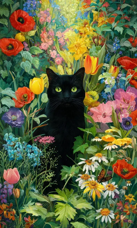 A black cat in the garden, surrounded by colorful flowers and green plants. the background is filled