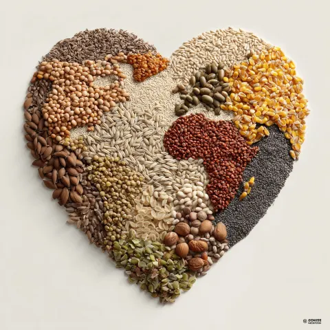 A top-down photo of a flat, heart-shaped composition made entirely from real cereal grains