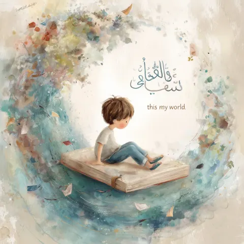 A white page with arabic writing in the middle, stating "this is my world." a little boy is sitting