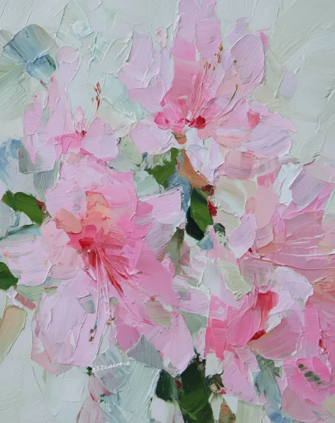 An impressionistic macro painting of pink azaleas. The brushwork is confident and visible thick