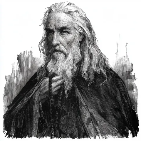 Black and white illustration of eighty-year-old priest, long white hair, weathered grave face