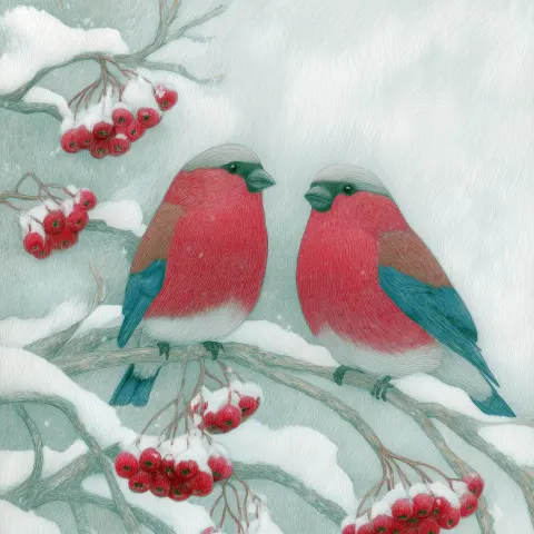 Bullfinches sit on snow-covered tree branches in the style of Soviet postcards from the 1960s and 19
