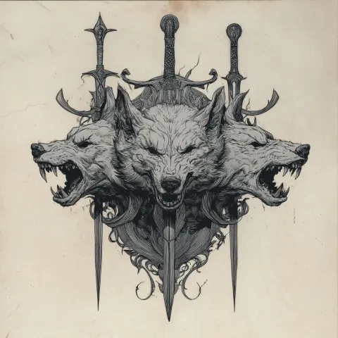 Cerberus drawing dark art , Comic art front view only heads with swords
