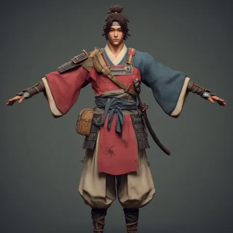 Stylized video game character, semi realistic, korean mmorpg style, samurai