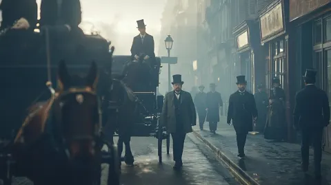 Paris street, early 1900s, morning mist, horse-drawn carriages moving slowly