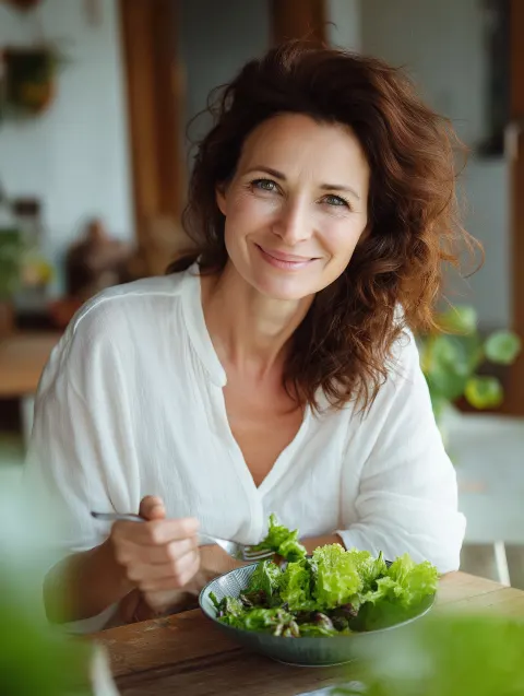 Elegant smiling woman after 30 eating fresh salad, wearing light clothes