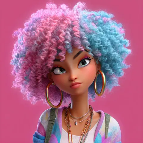 Generate a cool 3d avatar that is modern and cartoonish. woman, of color, pink and blue hair
