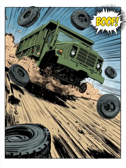 Single-panel borderless comic illustration of a military m939 green dump truck slamming flat into th