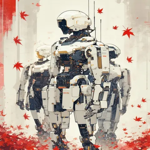 Silent Armored Robots Among Swirling Red Leaves