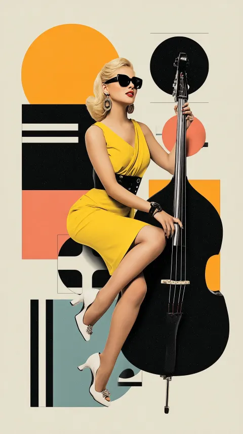 Woman with sunglasses playing contra bass, full body view, music theme hyper-realistic, fantasy