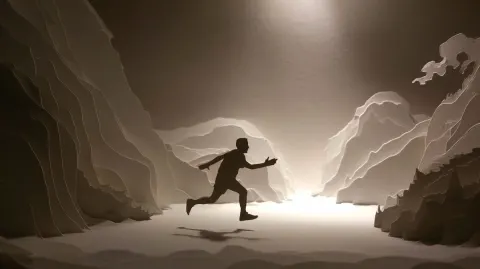 A silouette of paper cutout man running from a monster