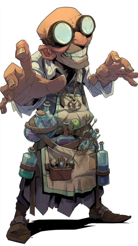Mad scientist alchemist, bald old man with large round goggles, wide unsettling grin