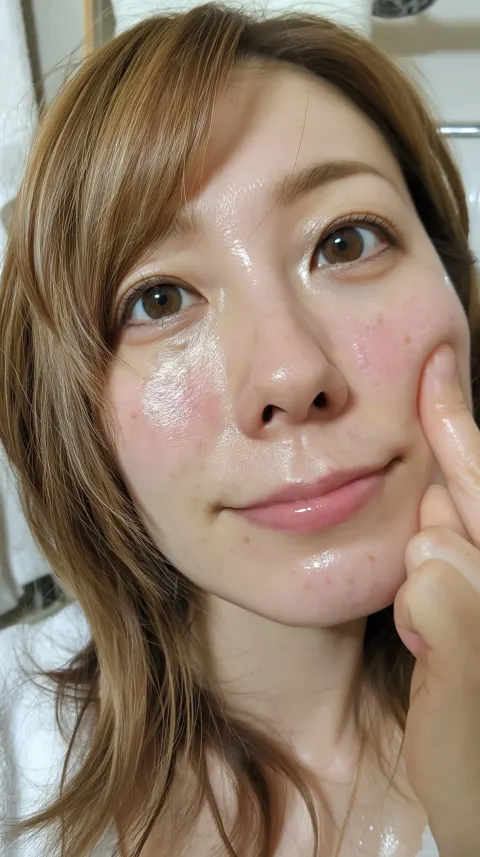 A casual snapshot taken with a smartphone, showing a Japanese woman in her 40s. The photo is incredi