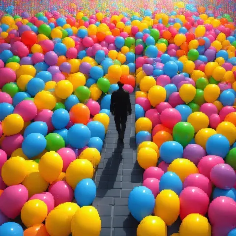 Monochrome Pixel Figure Amid Colorful Blocky Balloons
