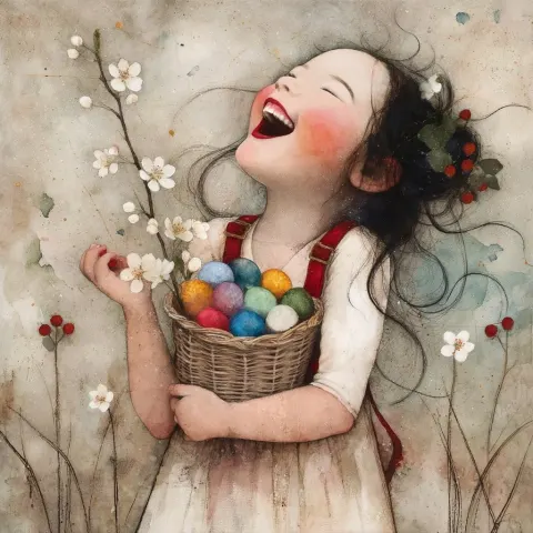 A little girl laughing out loud holding her colourful Easter eggs apple blossom Whimsical photoreali
