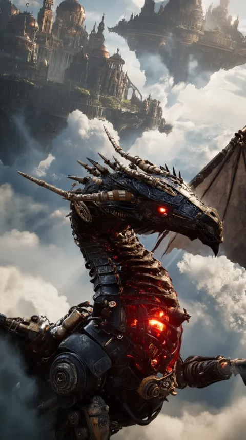 A mechanical dragon, evil style, dozens of meters long, intricate mechanical joints