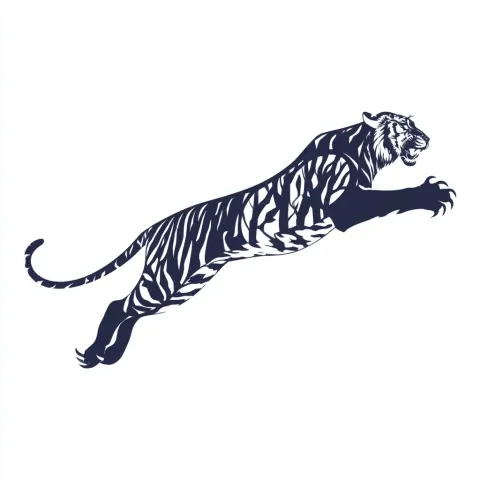 Full body tiger in a dynamic leaping pose, body stretched diagonally upward
