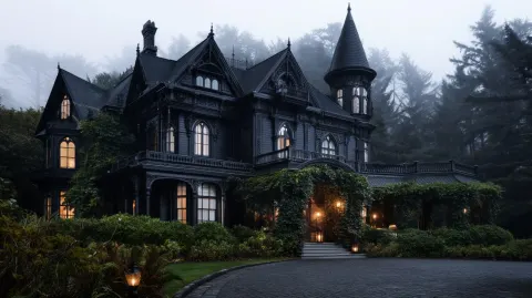 Award winning photography, Full wide shot of a sprawling dark old renovated dense ornate three-story
