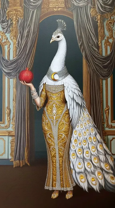 Detailed painting, A regal anthropomorphic white peacock with elegant