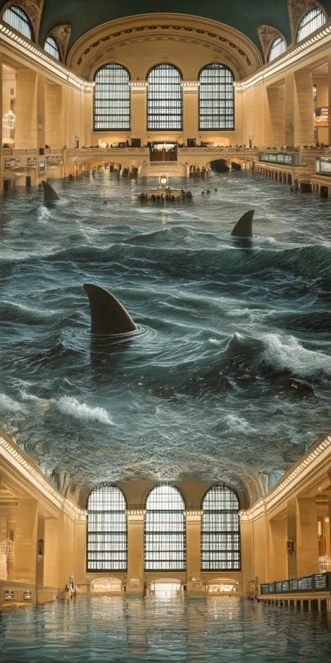 Renaissance painting of grand central station flooded with water, 3 shark fins circling around