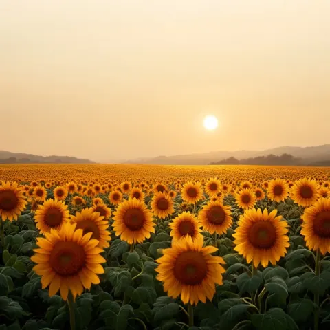 Make me an amazing and super realistic sunflower field with a ray of optimism
