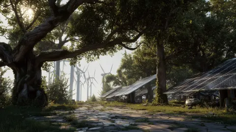 Solar panels and wind turbines with big trees