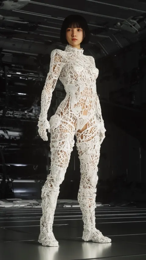 Create a human exoskeleton suit in nacre for a women she is wearing it with no helmet