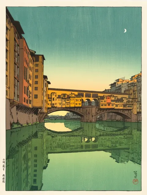 A monumental view of the Ponte Vecchio at dawn, the rhythmic