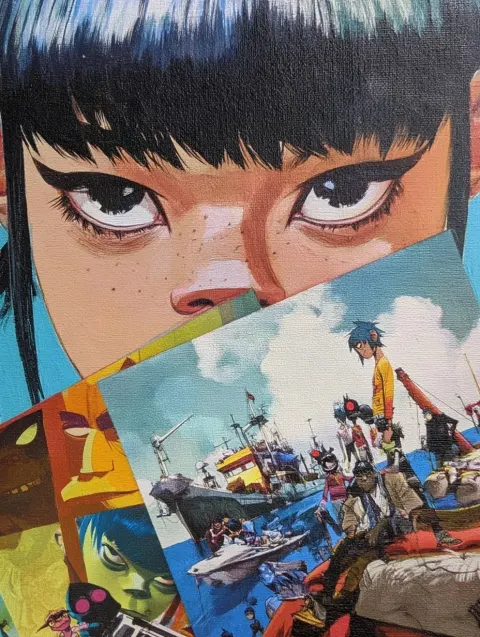 Noodle eyes with Gorillaz Plastic Beach and Demon Days album and Gorillaz band background by Jamie H