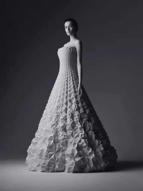 Avant-garde couture dress inspired by Escher tessellations