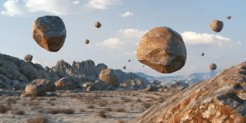 Levitating boulders, over the desert, lots of boulders, rocky scenery, realistic photography