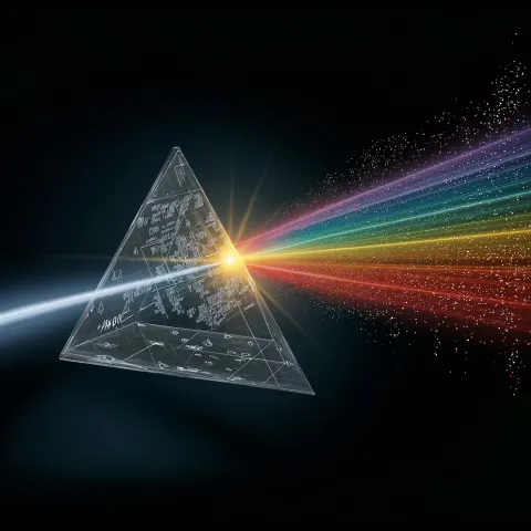 Scientific visualization of light dispersion through a prism floating in absolute black space