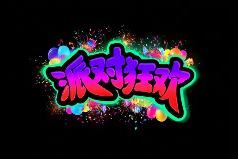 Pure black background, striking 3D bubble artistic typography "派对狂欢" in the center. The font feature