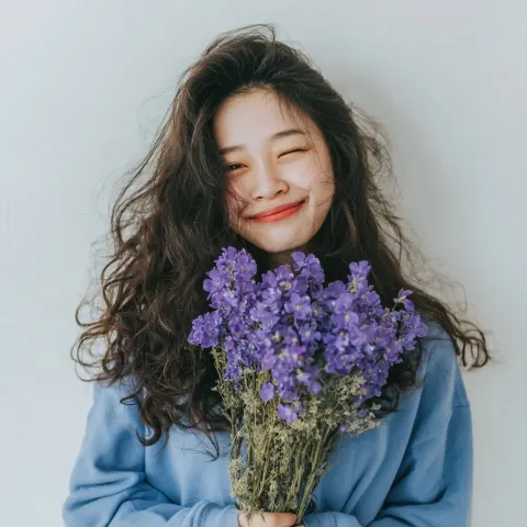 A cute chinese girl with long curly hair, smiling and holding flowers in her hand. the background is