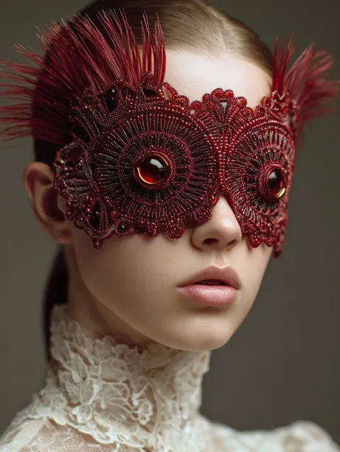 A close-up portrait of a woman wearing an intricate red beaded mask