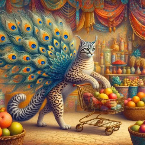 Majestic Ocelot-Peacock Creature in Market