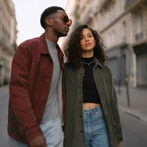 Un couple Gen Z marche dans une rue de paris, extreme close up, colored
