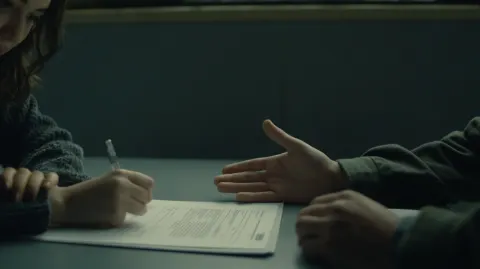 Documentary style cinematic still, young adult signing paperwork at a desk