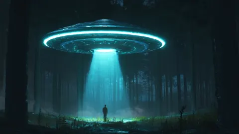 A glowing alien UFO hovering low over a forest at night abducting a man