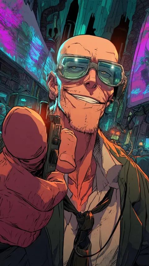 Comic book cover, gonzo journalist, bald, futuristic glasses, arrogant smirk