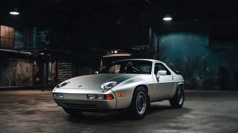 1982 silver Porsche 928 safari edition sitting in a dark hangar like garage