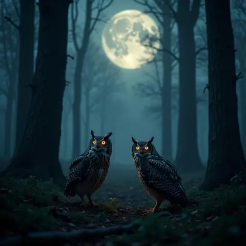 Moonlit Owl Triptych With Glowing Orange Eyes
