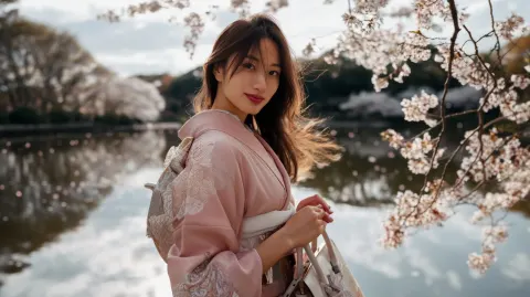Ultra photorealistic cinematic portrait of a beautiful Japanese young adult woman by a tranquil lake
