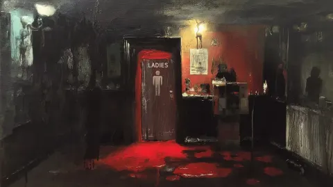 Dark northern english pub backroom interior, one-point perspective