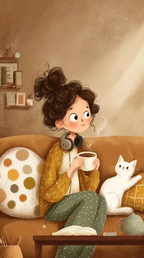 A whimsical illustration of an artist sitting on a cozy sofa enjoying a cup of coffee while listenin